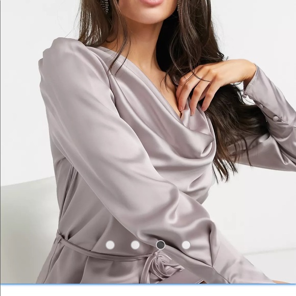 River Island Satin Cowl Neck, Tie Waist Mini Dress in Stone. - Picture 4 of 4